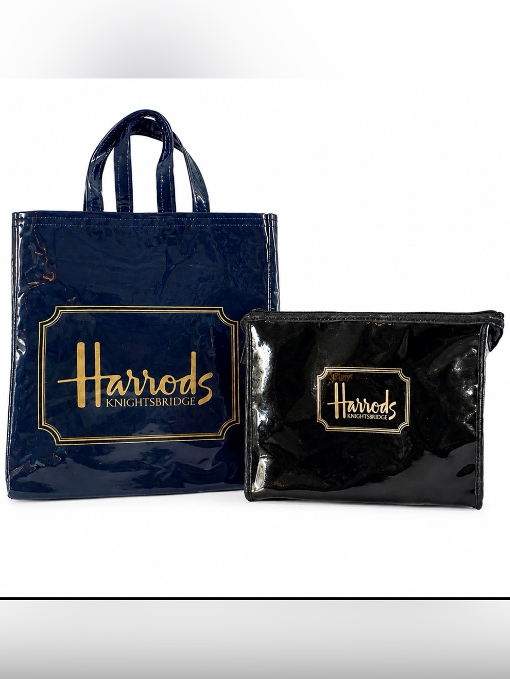 Vintage Harrods Cosmetic Bag & Y2K Shopper Tote Set Navy Gold Bundle